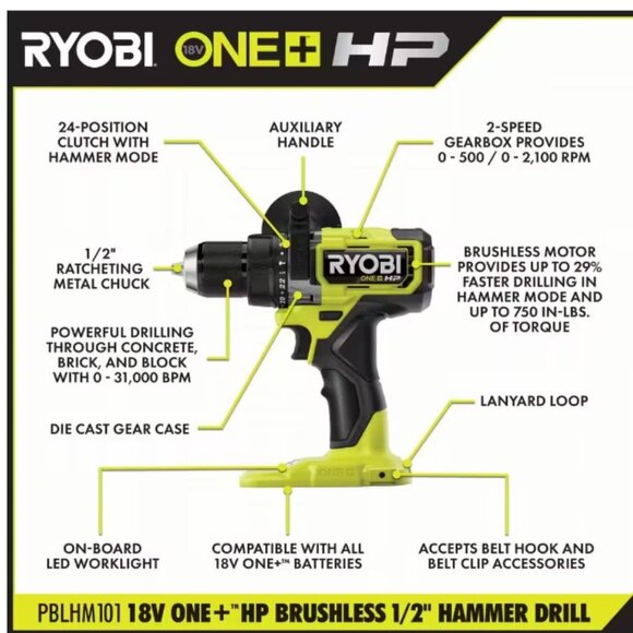 New RYOBI ONE+ HP 18V Brushless Cordless 1/2 in. Hammer Drill Power Tool Only Br - Picture 13 of 16